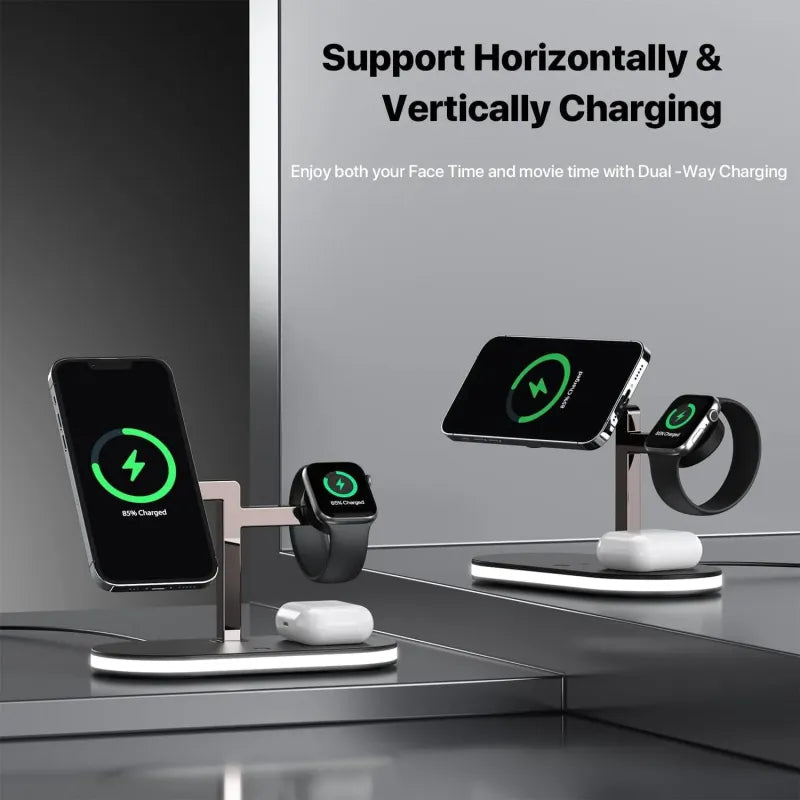 5 In 1 Aluminum Alloy Magnetic Wireless Charger Stand For Magsafe Charger Stand  Fast Wireless Charging Station For IPhone 15 14 13/12 Series Apple Watch Airpods With LED Lamp 18W Adapter Black