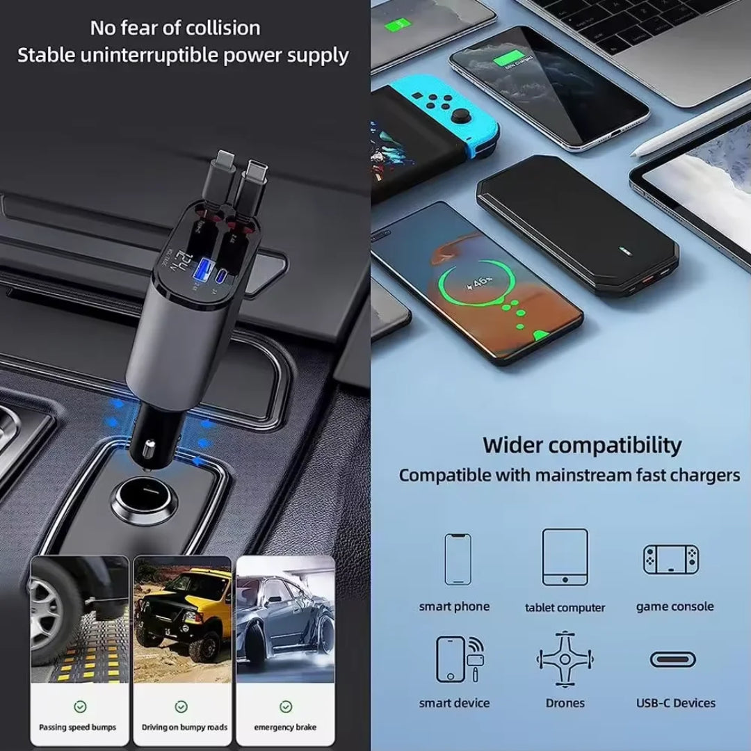 Folding 4 in 1 Retractable Car Charger, 120W Car Phone Charger with Cables, Fast Charging USB C and iPhone Car Charger Adapter