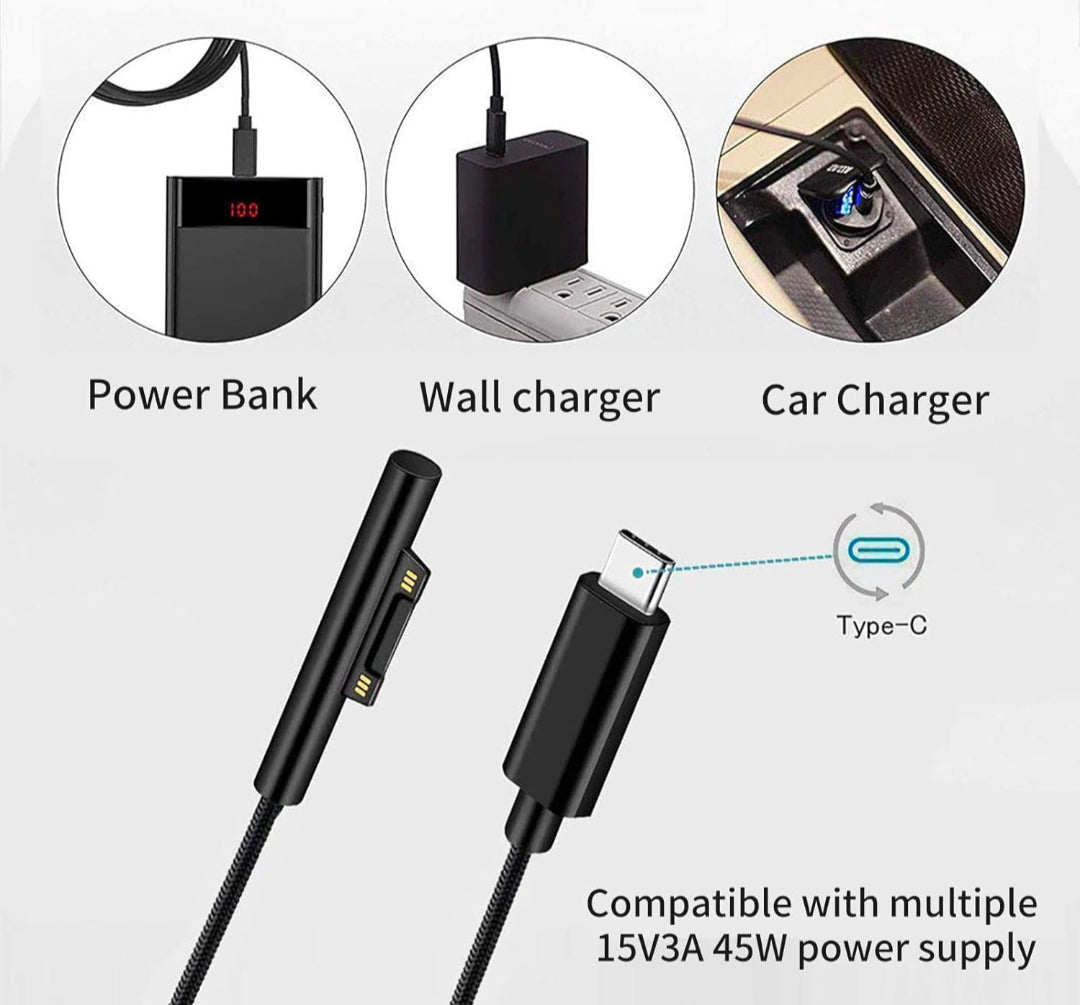 Surface Connect to USB-C Charging Cable Compatible for Microsoft Surface Pro 7/6/5/4/3 Surface Laptop1/2, 45W 15V PD Charging Works with PD Power Supply-1.5 Meters