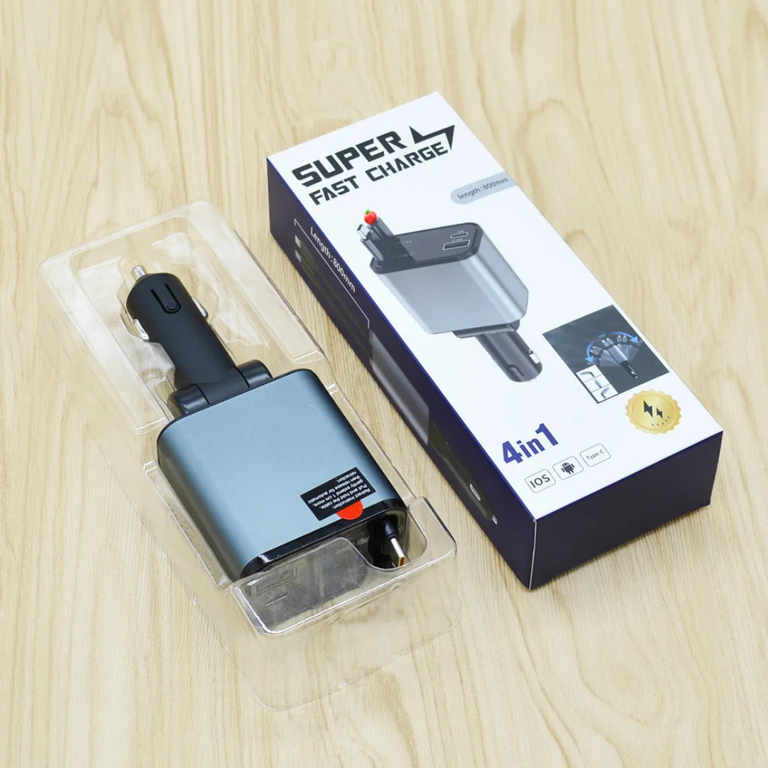 Folding 4 in 1 Retractable Car Charger, 120W Car Phone Charger with Cables, Fast Charging USB C and iPhone Car Charger Adapter