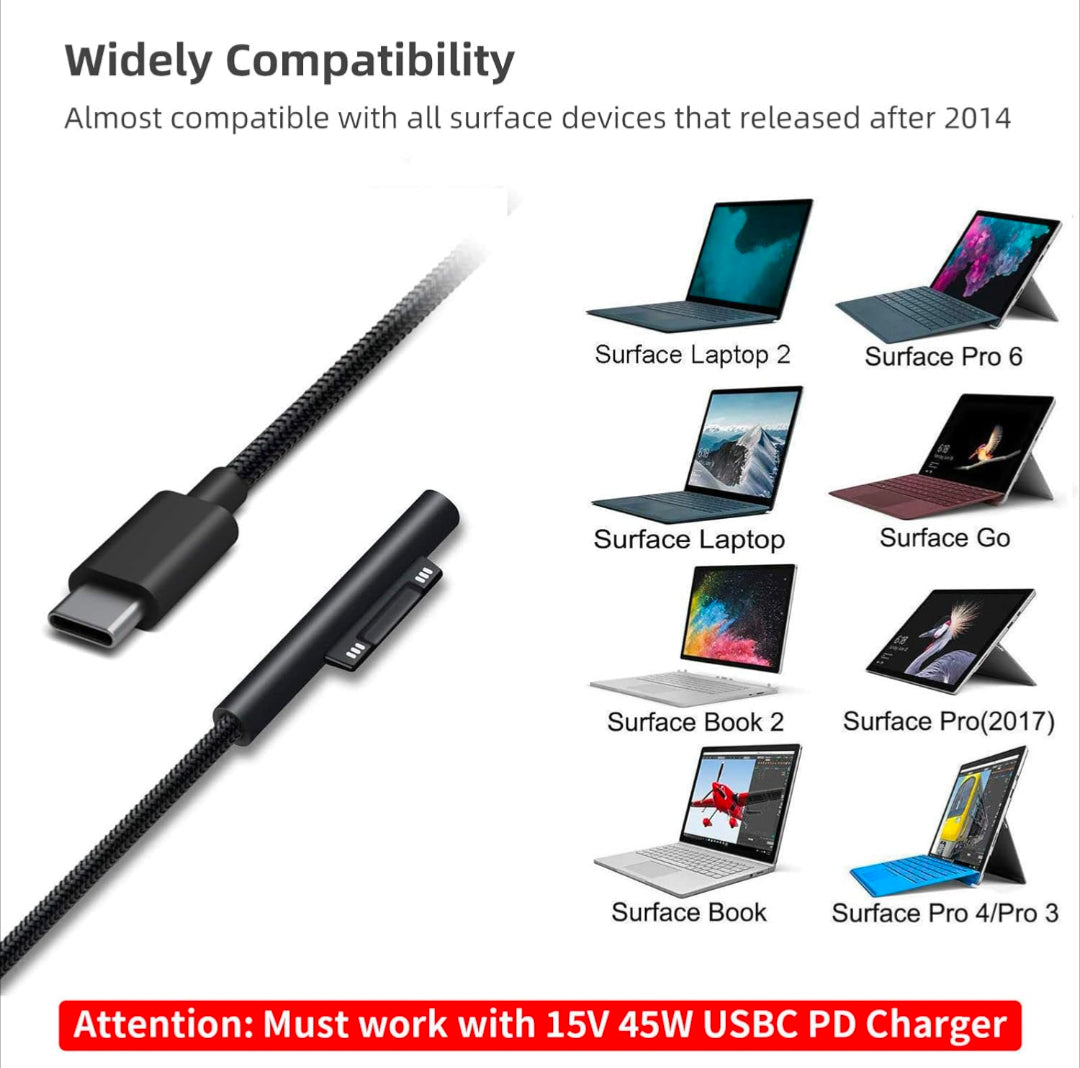 Surface Connect to USB-C Charging Cable Compatible for Microsoft Surface Pro 7/6/5/4/3 Surface Laptop1/2, 45W 15V PD Charging Works with PD Power Supply-1.5 Meters