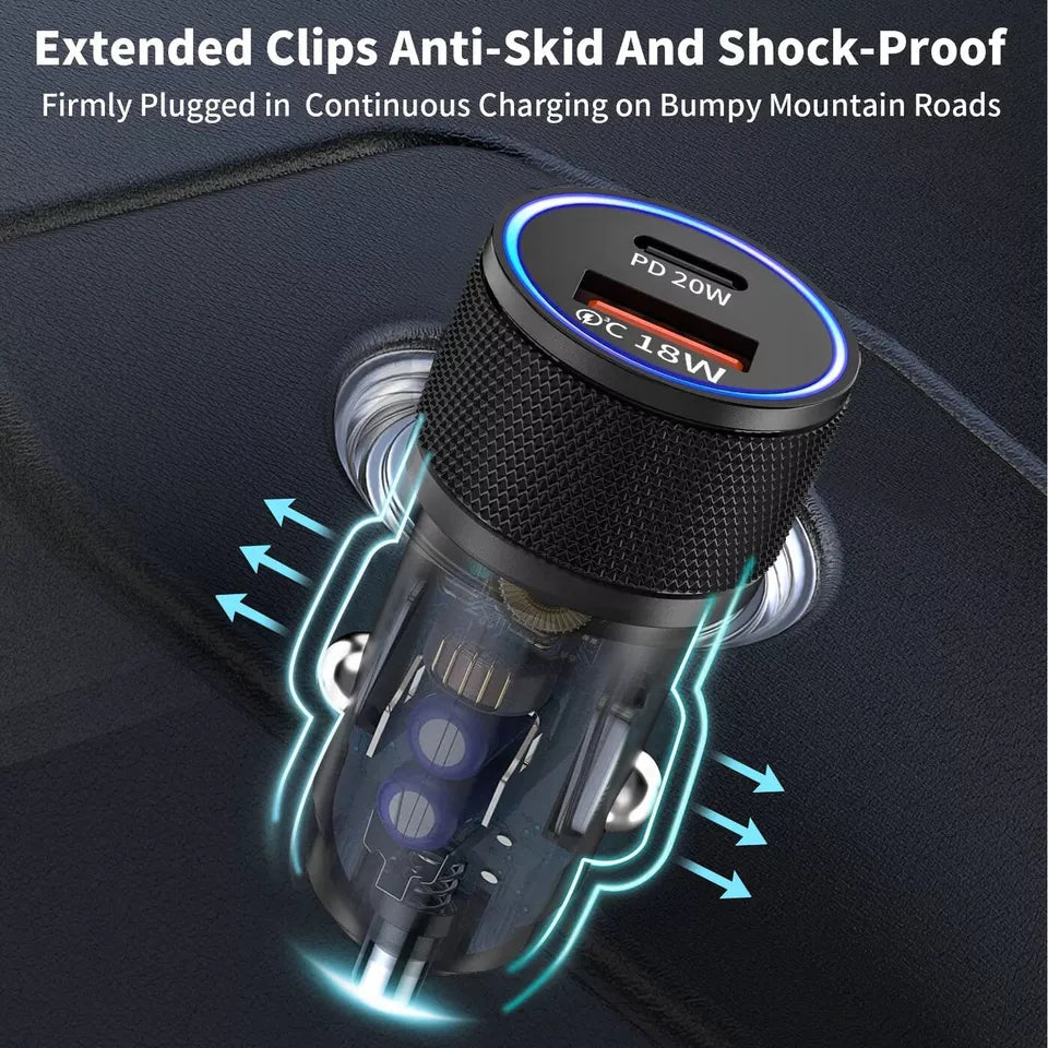 PB Fast Dual Car Charger Type C 38W Lightning Fast Charge & Free Type C to Lightning Cable