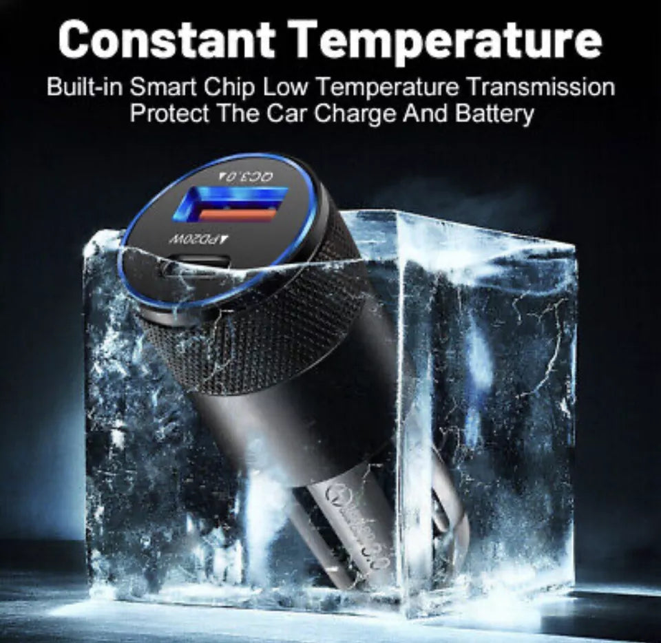 PB Fast Dual Car Charger Type C 38W Lightning Fast Charge & Free Type C to Lightning Cable