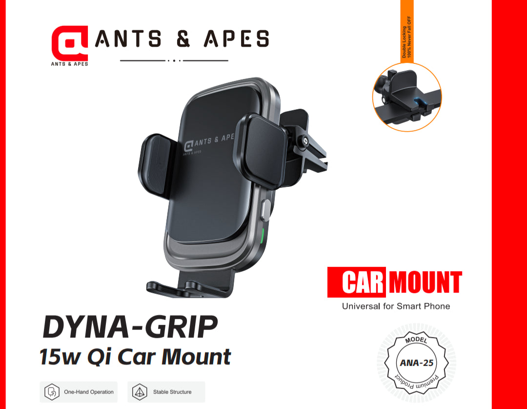 Ants & Apes DYNA-GRIP 15W QI Premium Qi Wireless charging Mount Vent Dashboard Windscreen Secure Cell Phone Holder Rotatable Swing 360 Degree Phone Holder for iPhone x xs 11 12 13 14 15 16 pro max Samsung s20 s21 s22 s23 s24 Fe Plus Ultra