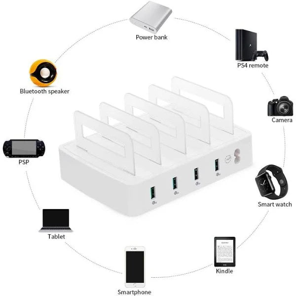 80W 4 Ports QC3.0 Fast Charging Dock USB Smart Charger With Phone & Tablet Holder