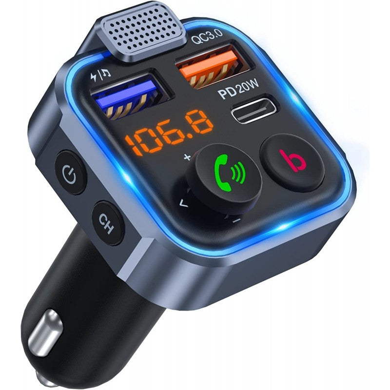 PBuddy Original Car FM Transmitter, Wireless Bluetooth 5.0 Radio Adapter Car Kit, PD3.0 Type C 20W+QC3.0 Car Fast Charger, Hands Free Calling, Bass Lossless Hi-Fi Sound Support U Disk