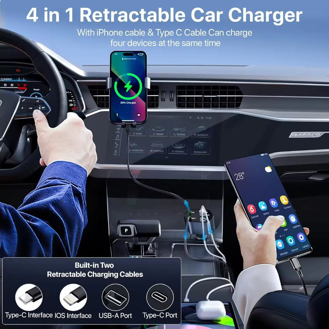Folding 4 in 1 Retractable Car Charger, 120W Car Phone Charger with Cables, Fast Charging USB C and iPhone Car Charger Adapter