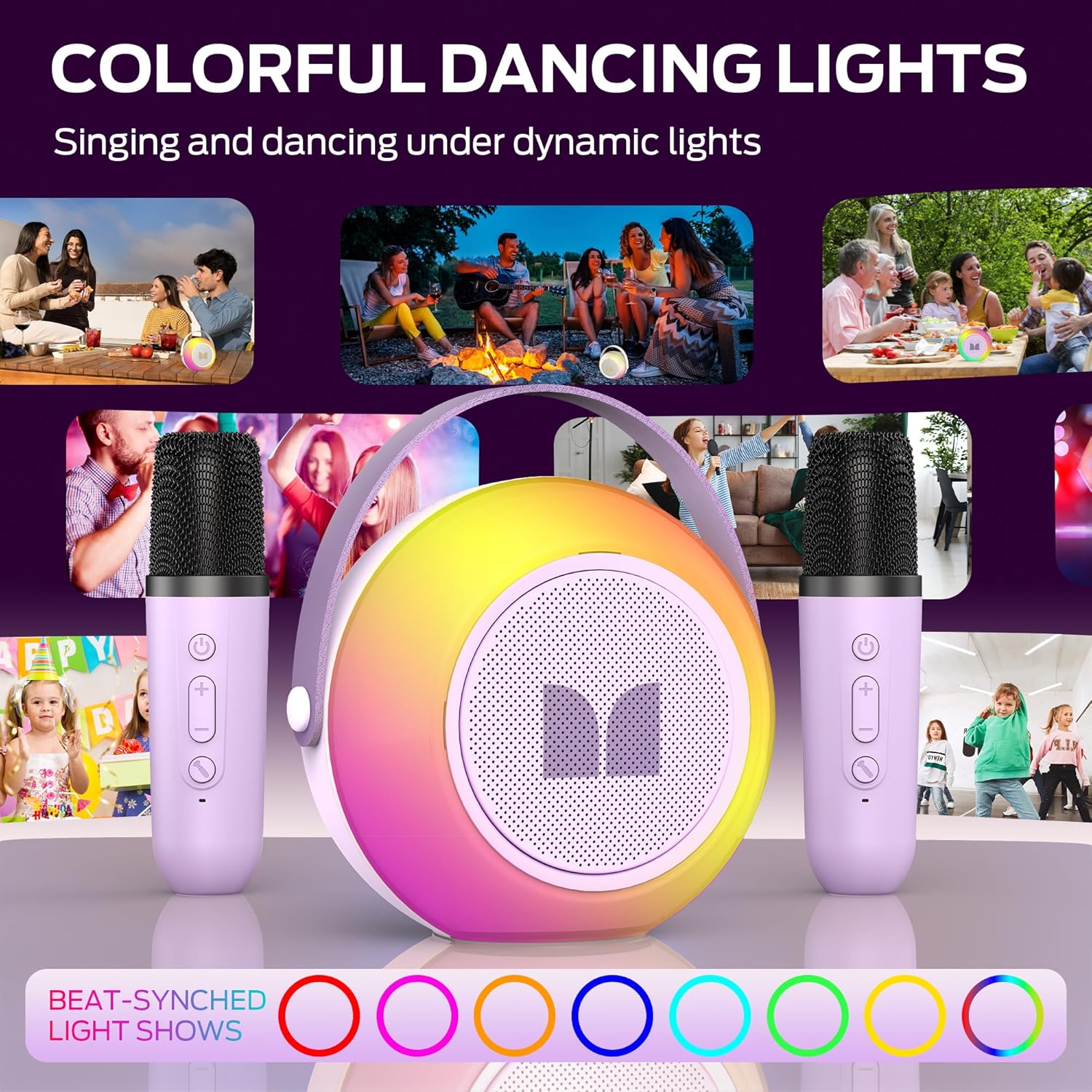 Monster Mini M8 Karaoke Machine for Kids Adults, Portable Bluetooth Speakers with 2 Wireless Microphones and Lights