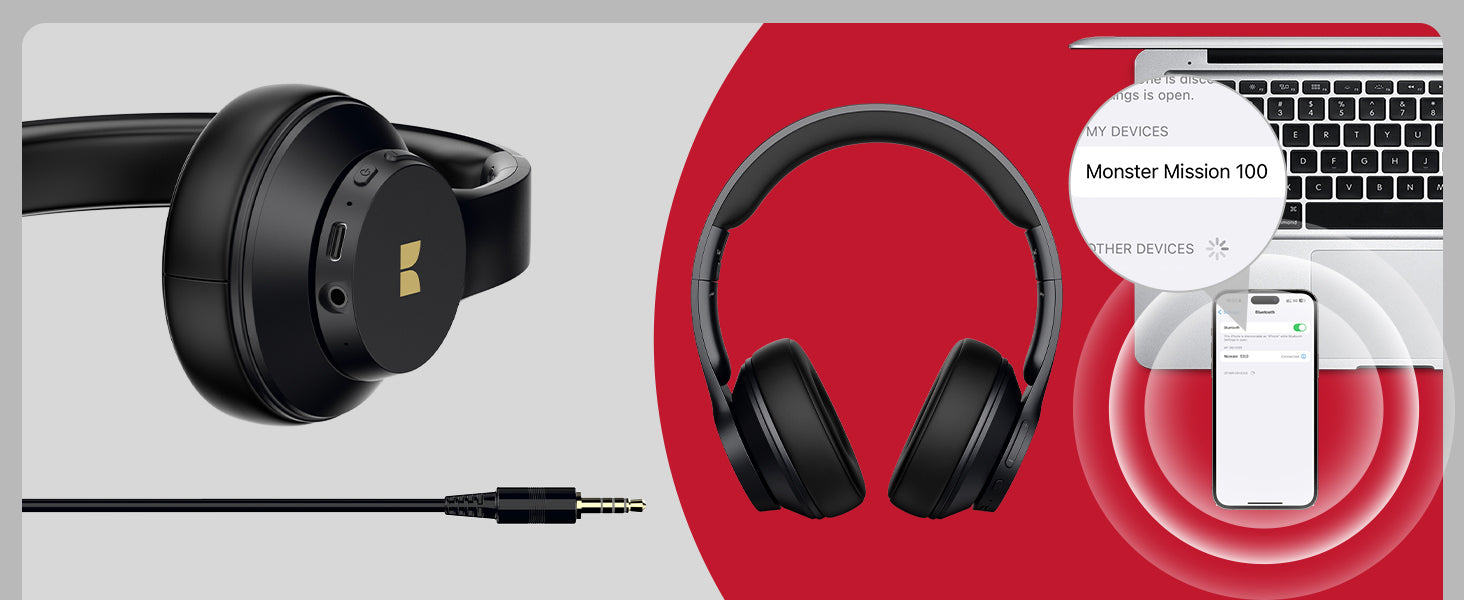 Monster Mission 100 Bluetooth Headphones, On Ear Headphones with Immersive Bass, Crystal Clear Call, 40H Playtime, Bluetooth 5.4, Comfortable Fit Wireless Headset for Travel Work (Black)