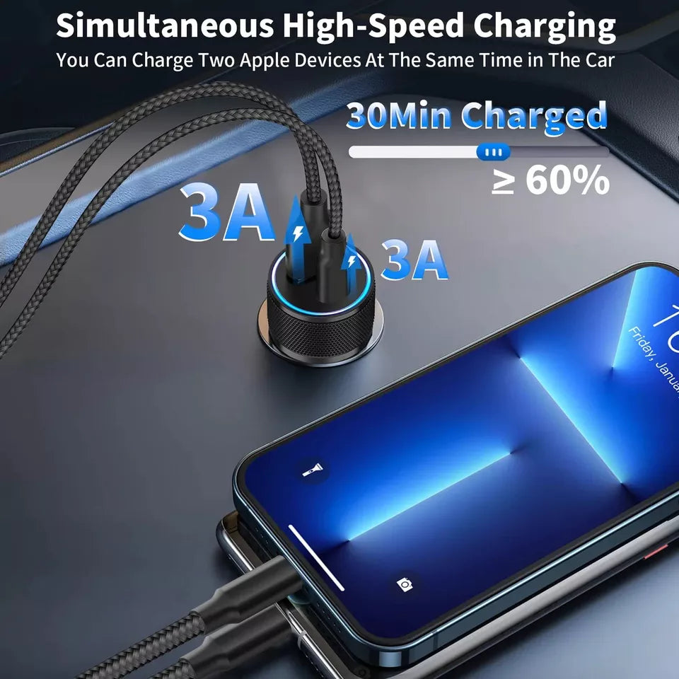 PB Fast Dual Car Charger Type C 38W Lightning Fast Charge & Free Type C to Lightning Cable