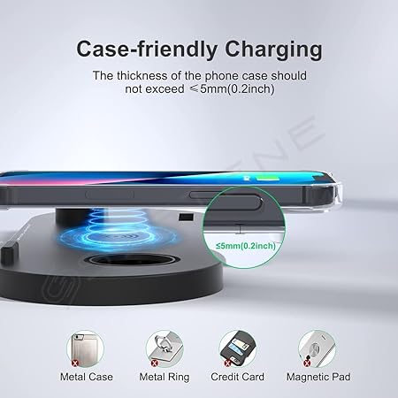 5 In 1 Aluminum Alloy Magnetic Wireless Charger Stand For Magsafe Charger Stand  Fast Wireless Charging Station For IPhone 15 14 13/12 Series Apple Watch Airpods With LED Lamp 18W Adapter Black