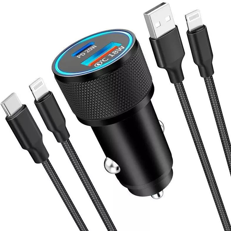 PB Fast Dual Car Charger Type C 38W Lightning Fast Charge & Free Type C to Lightning Cable