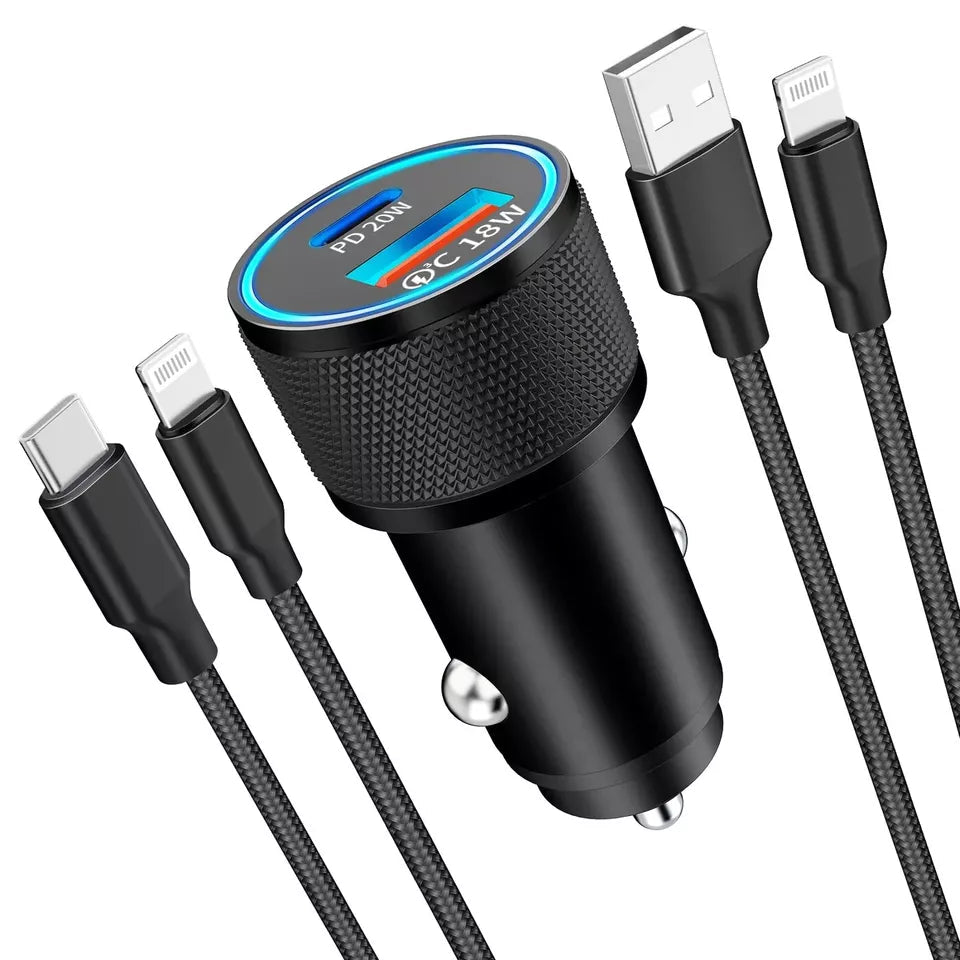 PB Fast Dual Car Charger Type C 38W Lightning Fast Charge & Free Type C to Lightning Cable