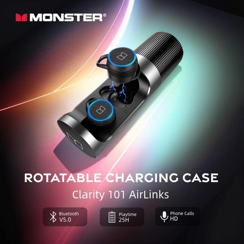 Monster Clarity 101 AirLinks Bluetooth Earbuds, in-Ear Wireless Headphones with Rotating Metal Charging Case, Bluetooth 5.0, with USB-C Charging Case, Clear Call,Deep Bass for Sports