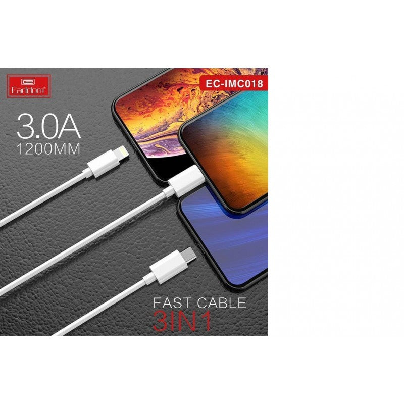 EARLDOM 3 IN ONE 1.2 Meter DATA CABLE MICRO LIGHTNING TYPE-C FAST CHARGING EC IMC018