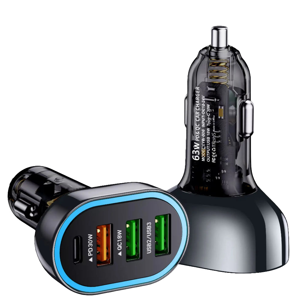 63w Transparent High-power Super Fast Charger One Tow Three Cigarette Lighter Digital Display Cell Phone Wired Car Charger