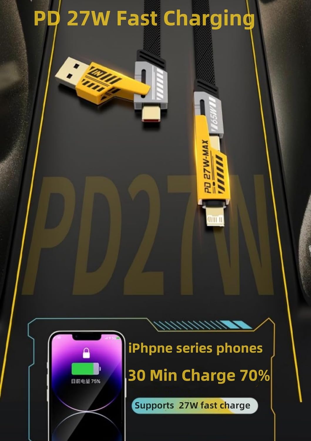 Pbuddy Hybrid 4-in-1 Convertible USB Cable – 65W Fast Charging | 1M | Nylon Braided, Metal Tips | USB-C & Lightning Compatible