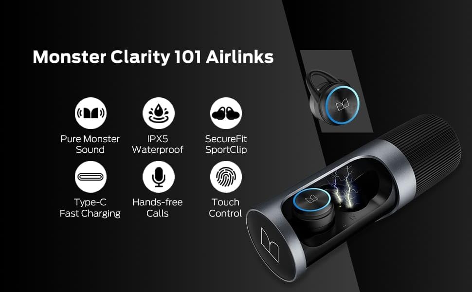 Monster Clarity 101 AirLinks Bluetooth Earbuds, in-Ear Wireless Headphones with Rotating Metal Charging Case, Bluetooth 5.0, with USB-C Charging Case, Clear Call,Deep Bass for Sports