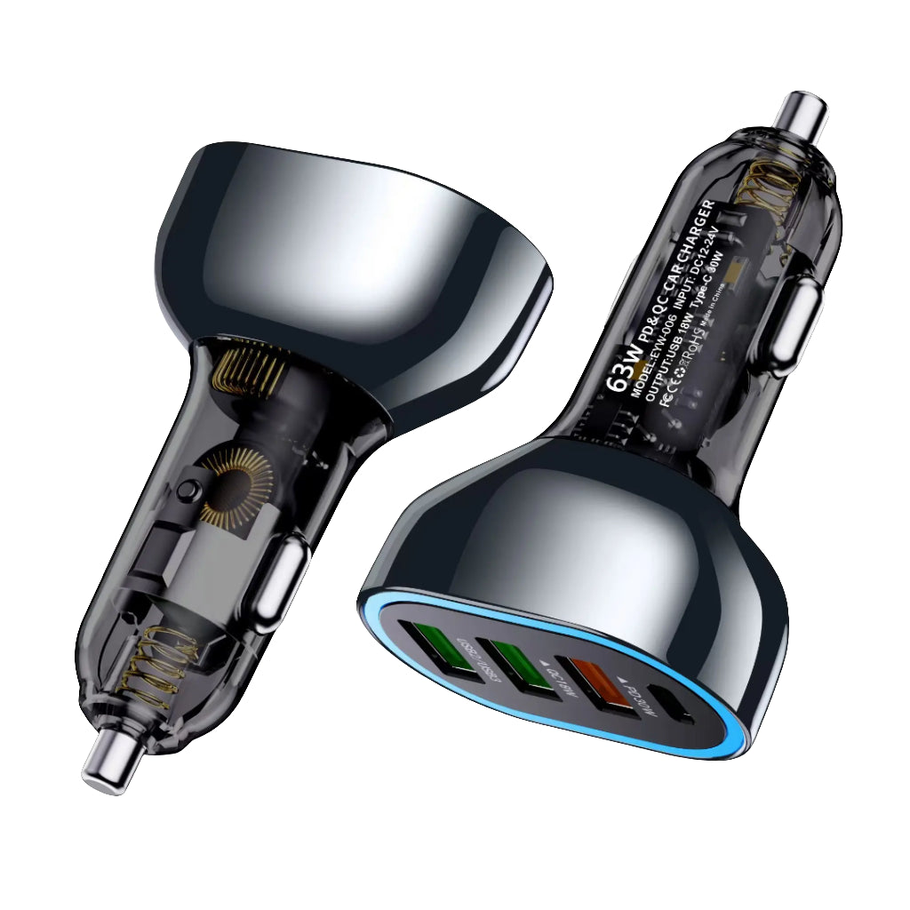 63w Transparent High-power Super Fast Charger One Tow Three Cigarette Lighter Digital Display Cell Phone Wired Car Charger