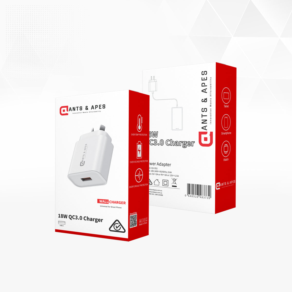 Ants & Apes  18W QC3.0 Fast Charging USB A Universal Charger Ipad 10 11 12.9 13 Pro Smartphone Ear Buds Speakers iphone 12 13 14 15 16 Pro Max Plus Galaxy s22 23 24 25 Plus Fe Ultra