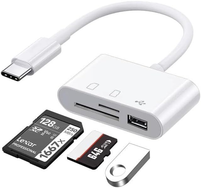 Pbuddy USB-C SD/TF/USB 2.0 Memory Card Reader for iPone 16/15 Pro Max Plus, 3 in 1 USB C Adapter for Samsung Galaxy S25/S24/S23, Android, Camera, PC, Laptop