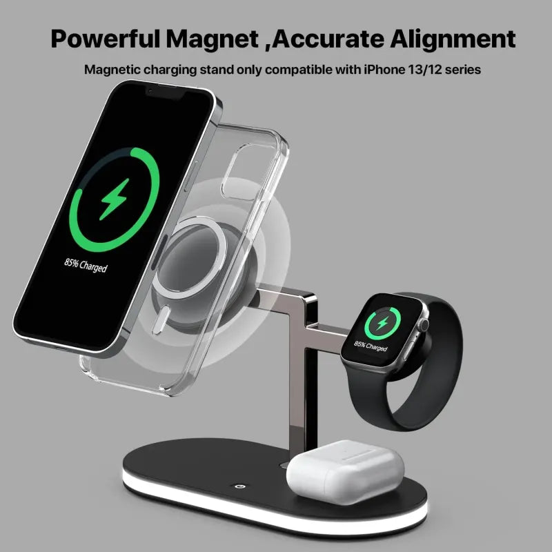 5 In 1 Aluminum Alloy Magnetic Wireless Charger Stand For Magsafe Charger Stand  Fast Wireless Charging Station For IPhone 15 14 13/12 Series Apple Watch Airpods With LED Lamp 18W Adapter Black