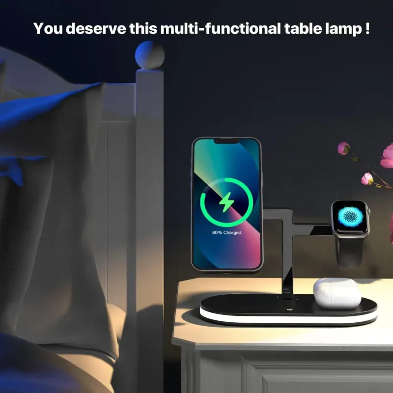 5 In 1 Aluminum Alloy Magnetic Wireless Charger Stand For Magsafe Charger Stand  Fast Wireless Charging Station For IPhone 15 14 13/12 Series Apple Watch Airpods With LED Lamp 18W Adapter Black