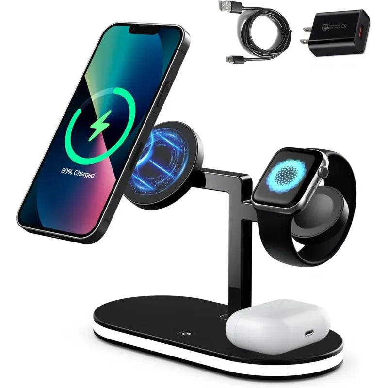 5 In 1 Aluminum Alloy Magnetic Wireless Charger Stand For Magsafe Charger Stand  Fast Wireless Charging Station For IPhone 15 14 13/12 Series Apple Watch Airpods With LED Lamp 18W Adapter Black