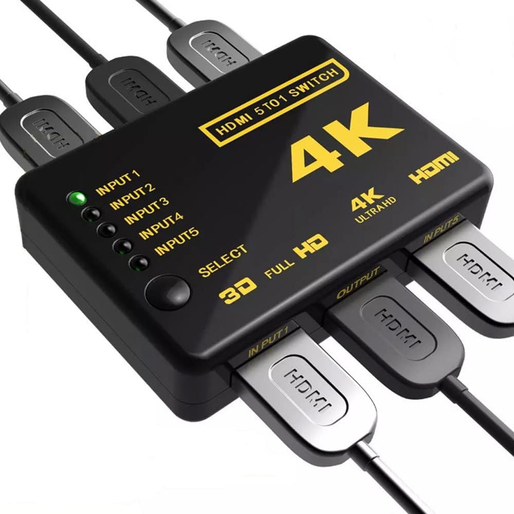 5 Port HDMI Splitter Switch Switcher Hub Box HDTV Ultra HD 4K 60Hz with Remote 5 in 1 Out HDMI Splitter, Compatibl with HD-DVD, Sky-HD, STV, PS3, Xbox 360