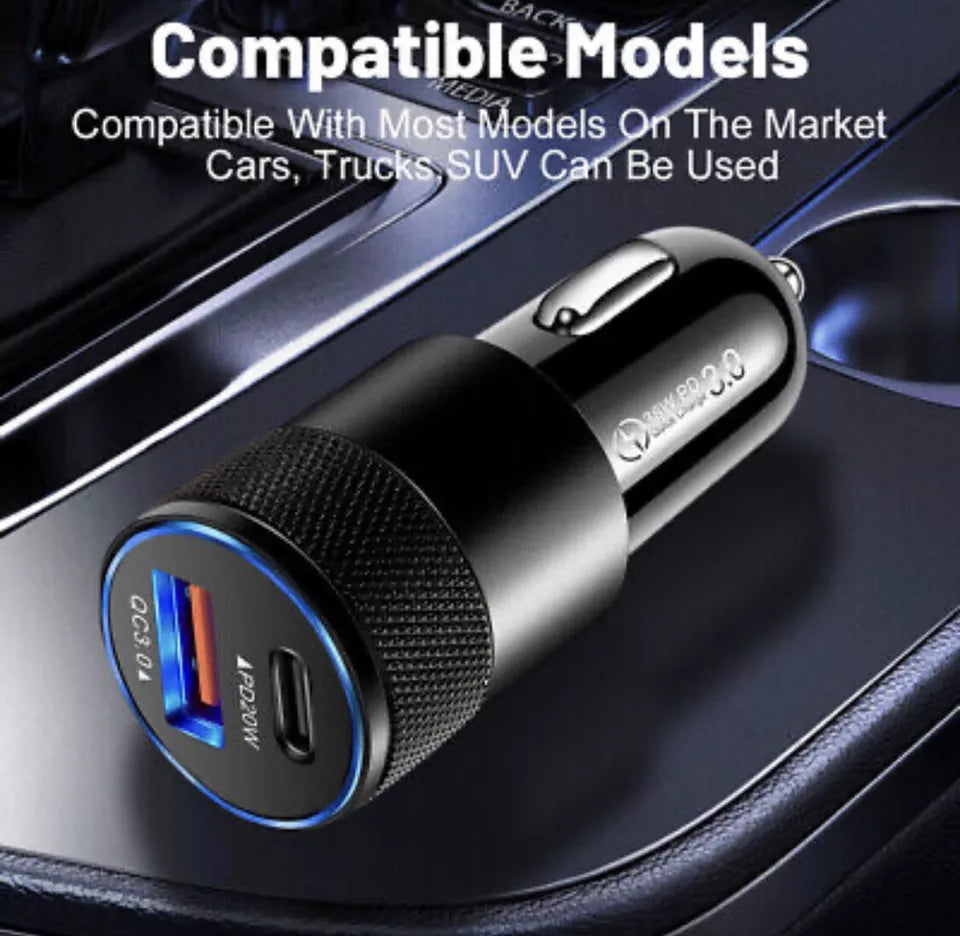 PB Fast Dual Car Charger Type C 38W Lightning Fast Charge & Free Type C to Lightning Cable