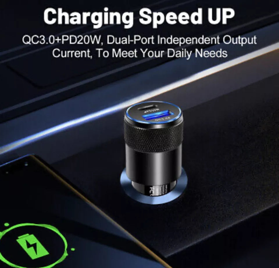 PB Fast Dual Car Charger Type C 38W Lightning Fast Charge & Free Type C to Lightning Cable
