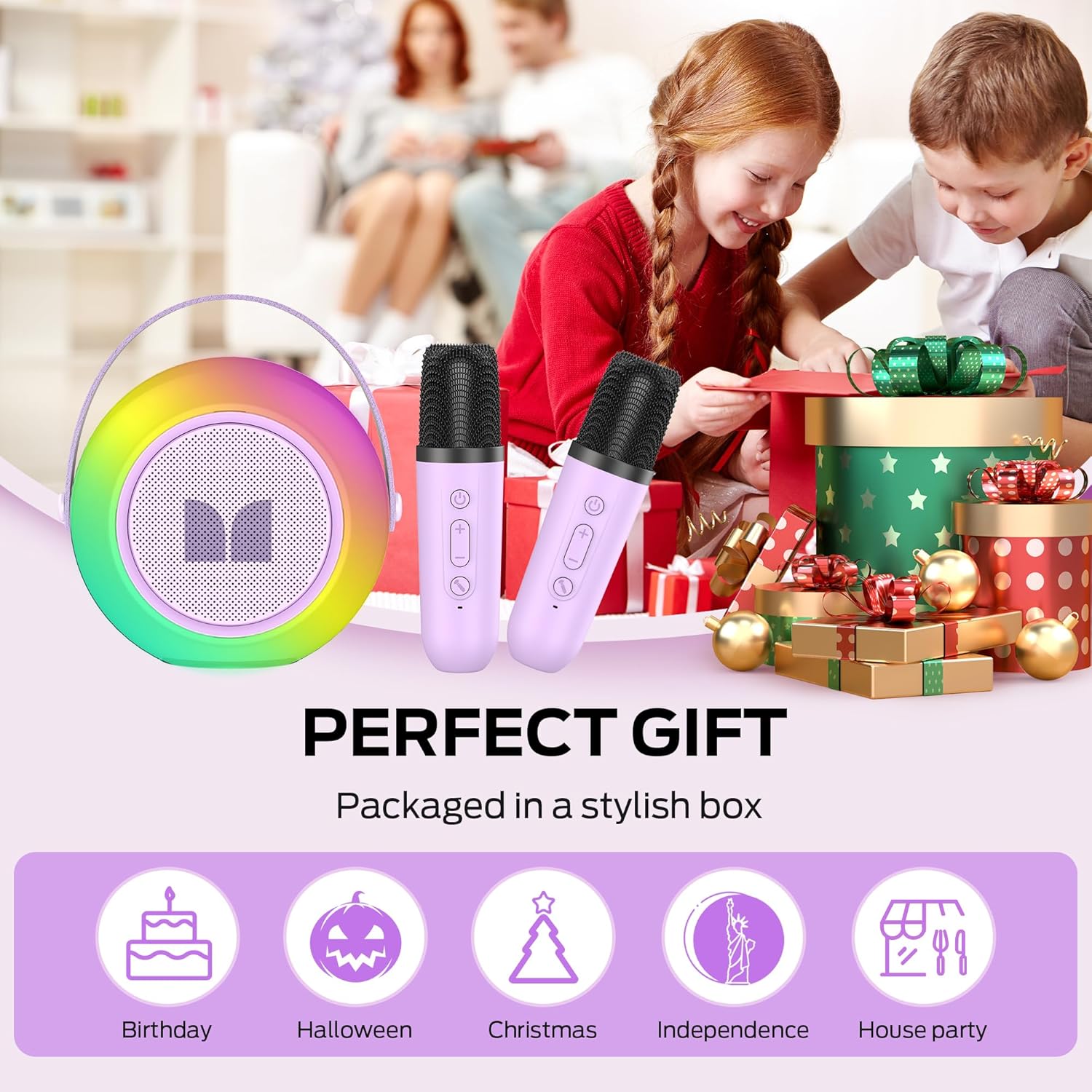 Monster Mini M8 Karaoke Machine for Kids Adults, Portable Bluetooth Speakers with 2 Wireless Microphones and Lights