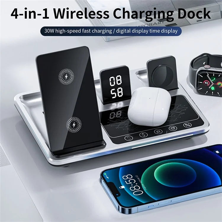 R11 Multifunctional 4 in 1 Wireless Charger Folding Portable Charging Station with Digital Display, White Light, Time Function ( Silver )