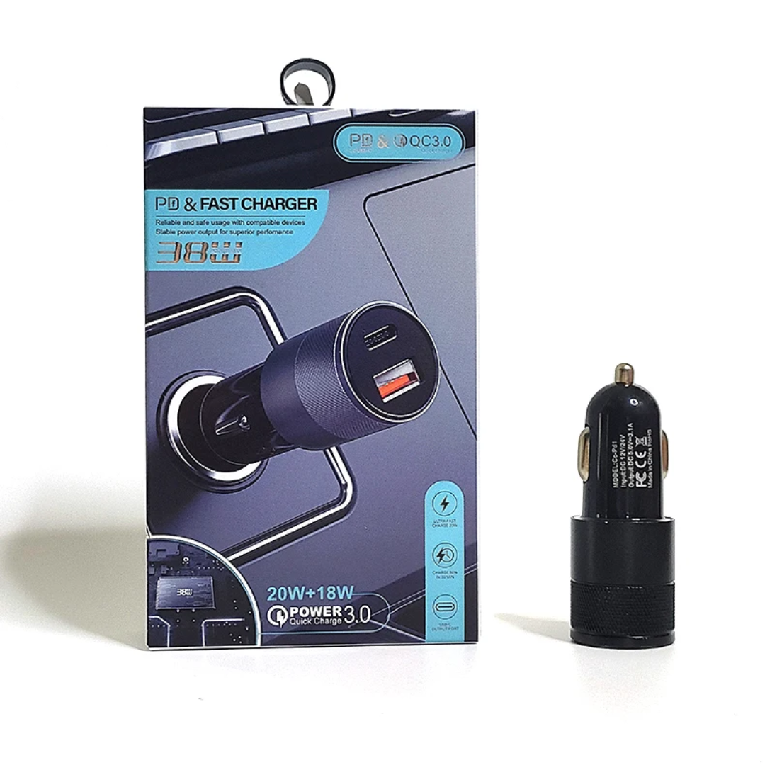 Metal 38W PD A+C USB Type C Car Charger Adapter Dual Port Car Cigarette Lighter for Mobile Phone