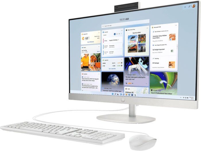 HP All-in-One 27 inch desktop complete setup with keyboard and mouse workspace configuration