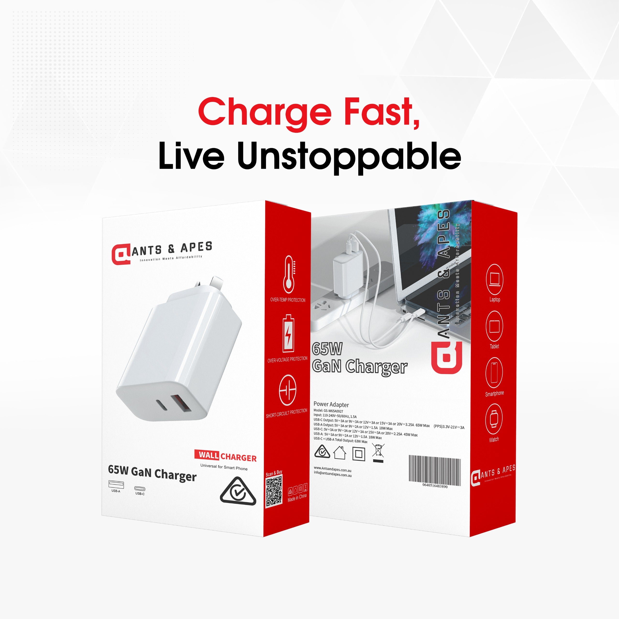 Ants & Apes 65W Universal Fast Charger GAN Laptop Notebook MacBook Pro Smartphone Ear Buds Speakers iphone 12 13 14 15 16 Pro Max Plus Galaxy s22 23 24 25 Plus Fe Ultra