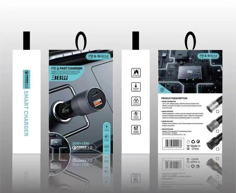 Metal 38W PD A+C USB Type C Car Charger Adapter Dual Port Car Cigarette Lighter for Mobile Phone