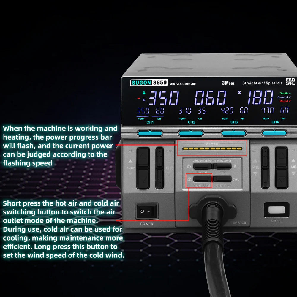 SUGON 8650 3-Mode Intelligent Hot Air Gun BGA Desoldering Rework Station (New Upgrade - Pluggable Handle)