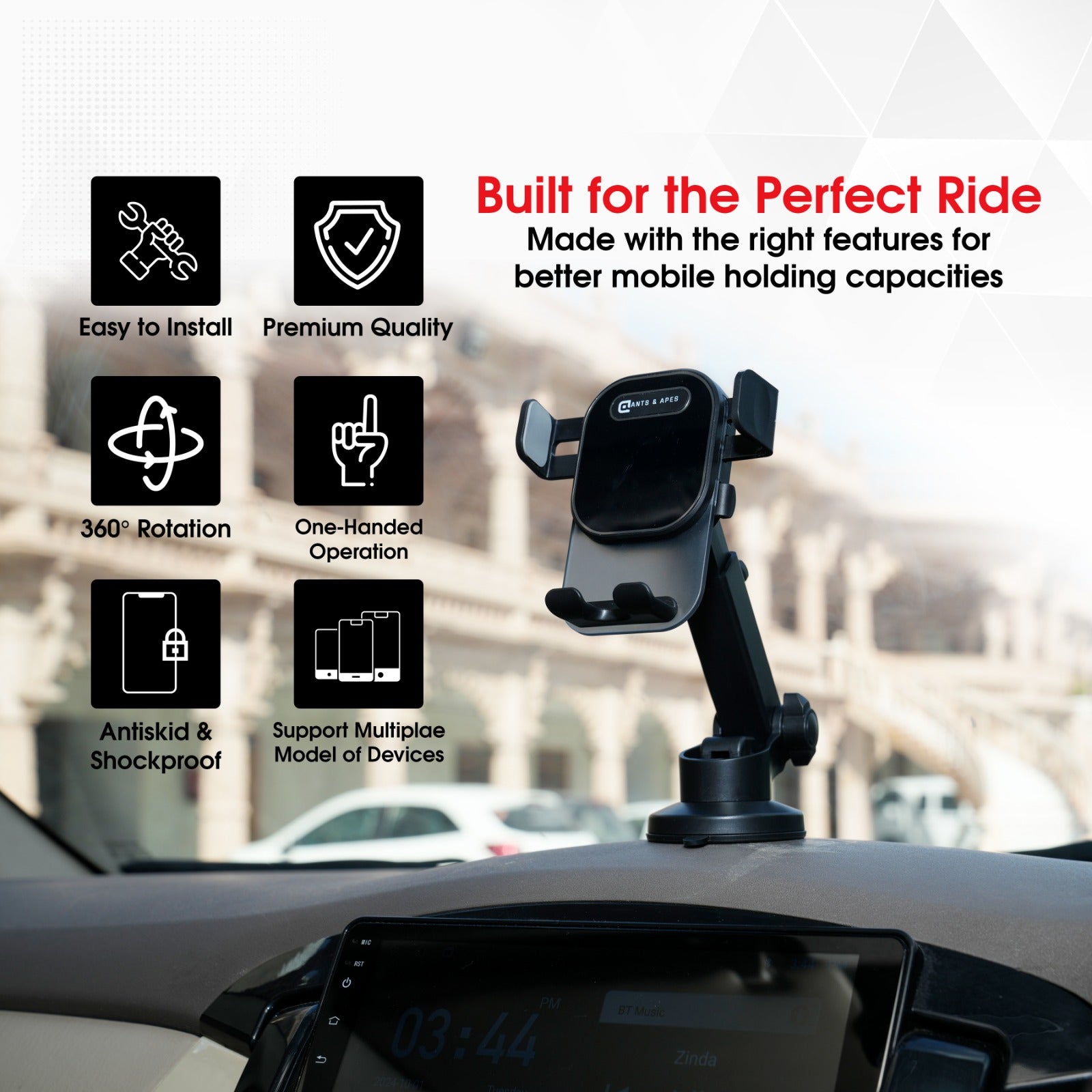 Ants & Apes Click Car Mount Dashboard Windscreen Secure Cell Phone Holder Rotatable Swing 360 Degree Phone Holder for iPhone x xs 11 12 13 14 15 16 pro max Samsung s20 s21 s22 s23 s24 Fe Plus Ultra