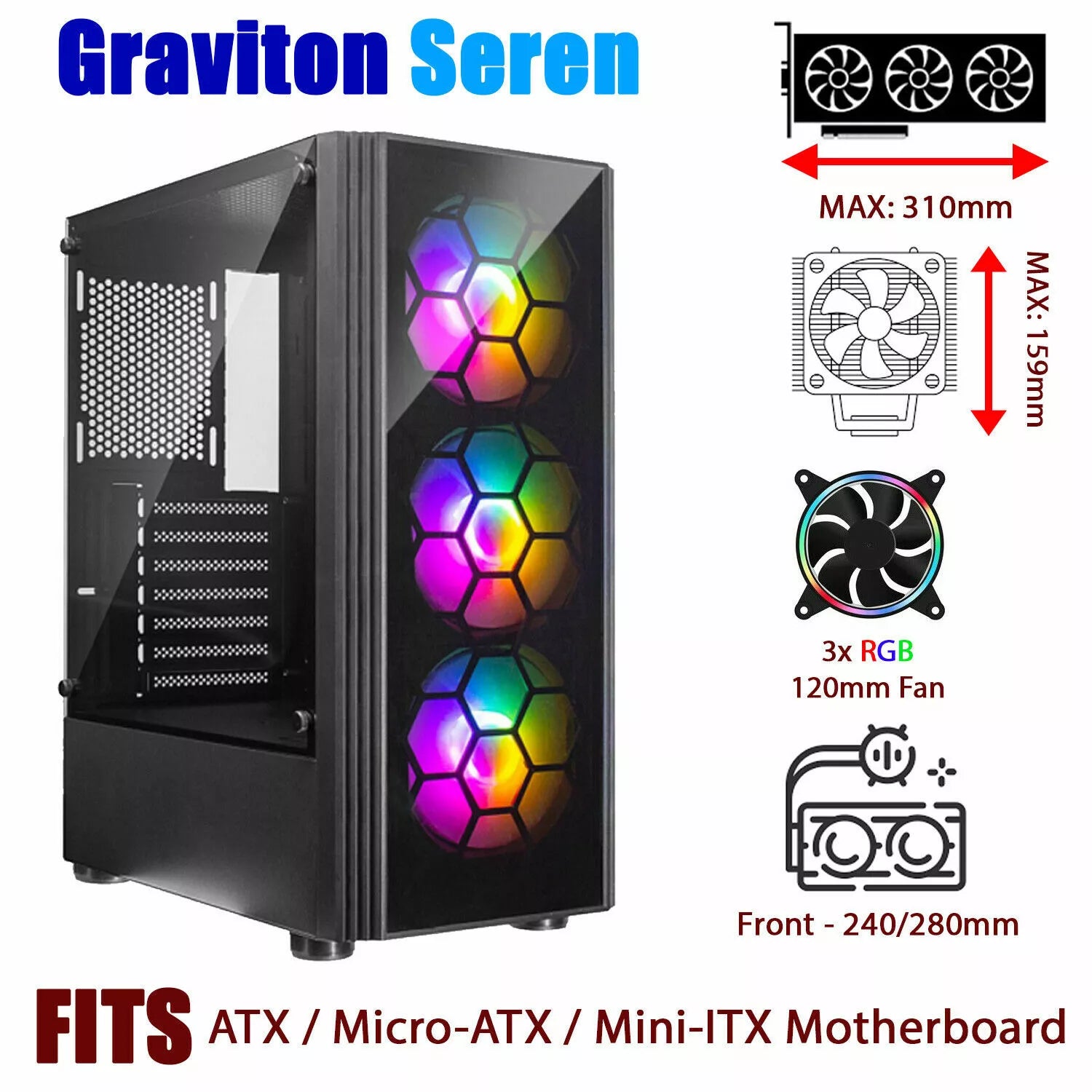 Atx Desktop ATX Mid-Tower Gaming PC Case – Tempered Glass Chassis with RGB Fan Sup ...