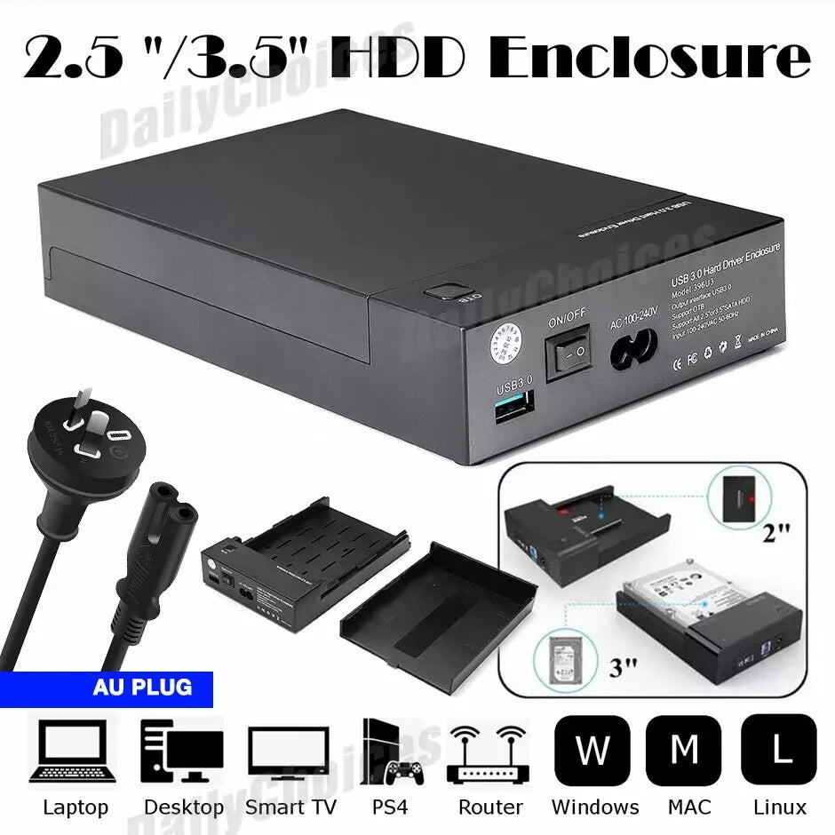 2.5/3.5 inch SATA External USB 3.0 Hard Drive Case Enclosure for HDD - Black, ABS Material, 1-Year Warranty