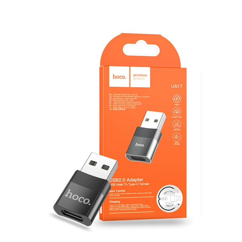 Hoco USB Male To USB Type-C Female OTG Adapter Plug Premium Converter UA17