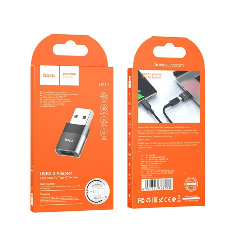 Hoco USB Male To USB Type-C Female OTG Adapter Plug Premium Converter UA17