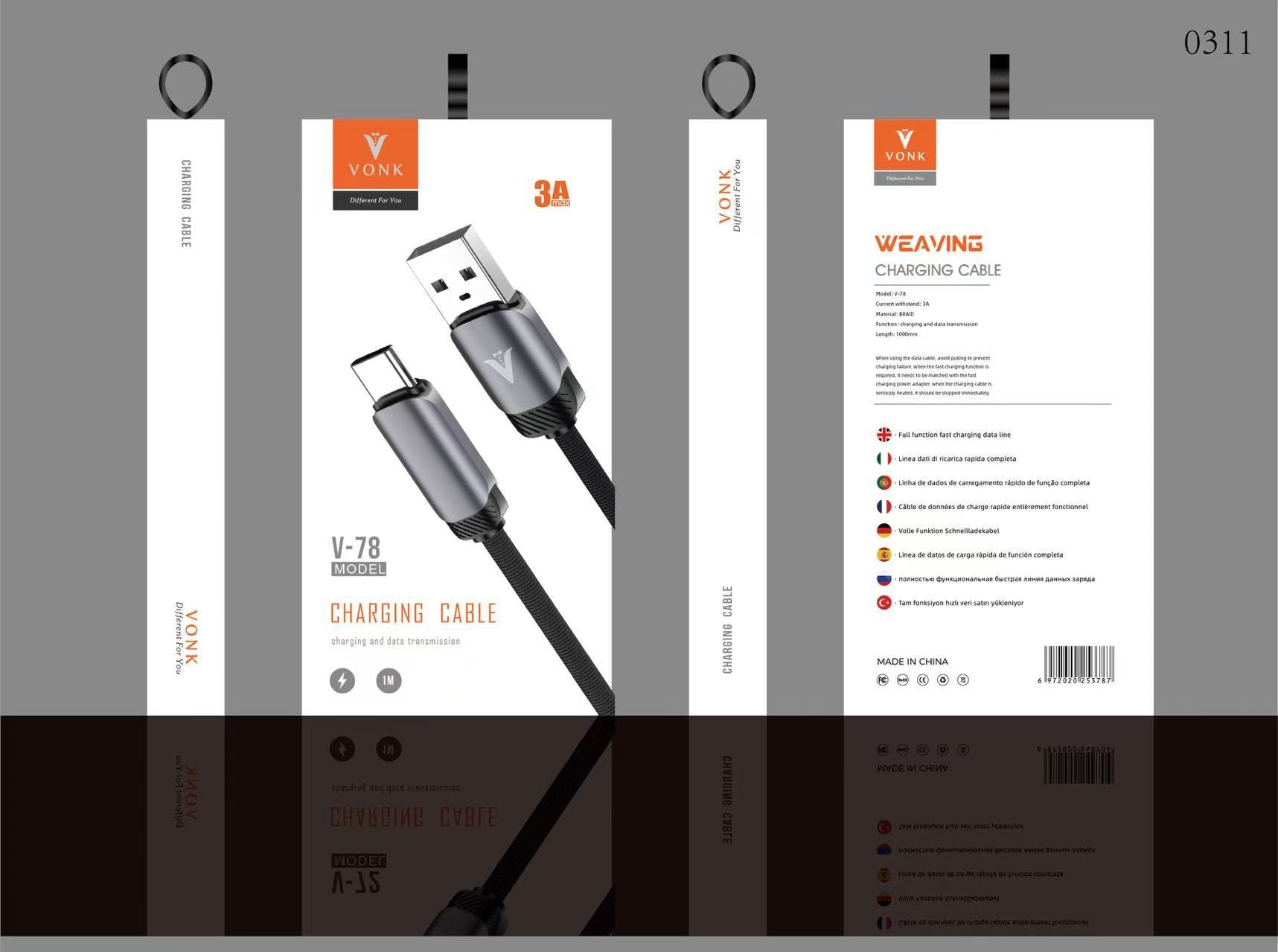 USB Type-C Charging Cable 1m Braided – Fast Charge 3A - V78