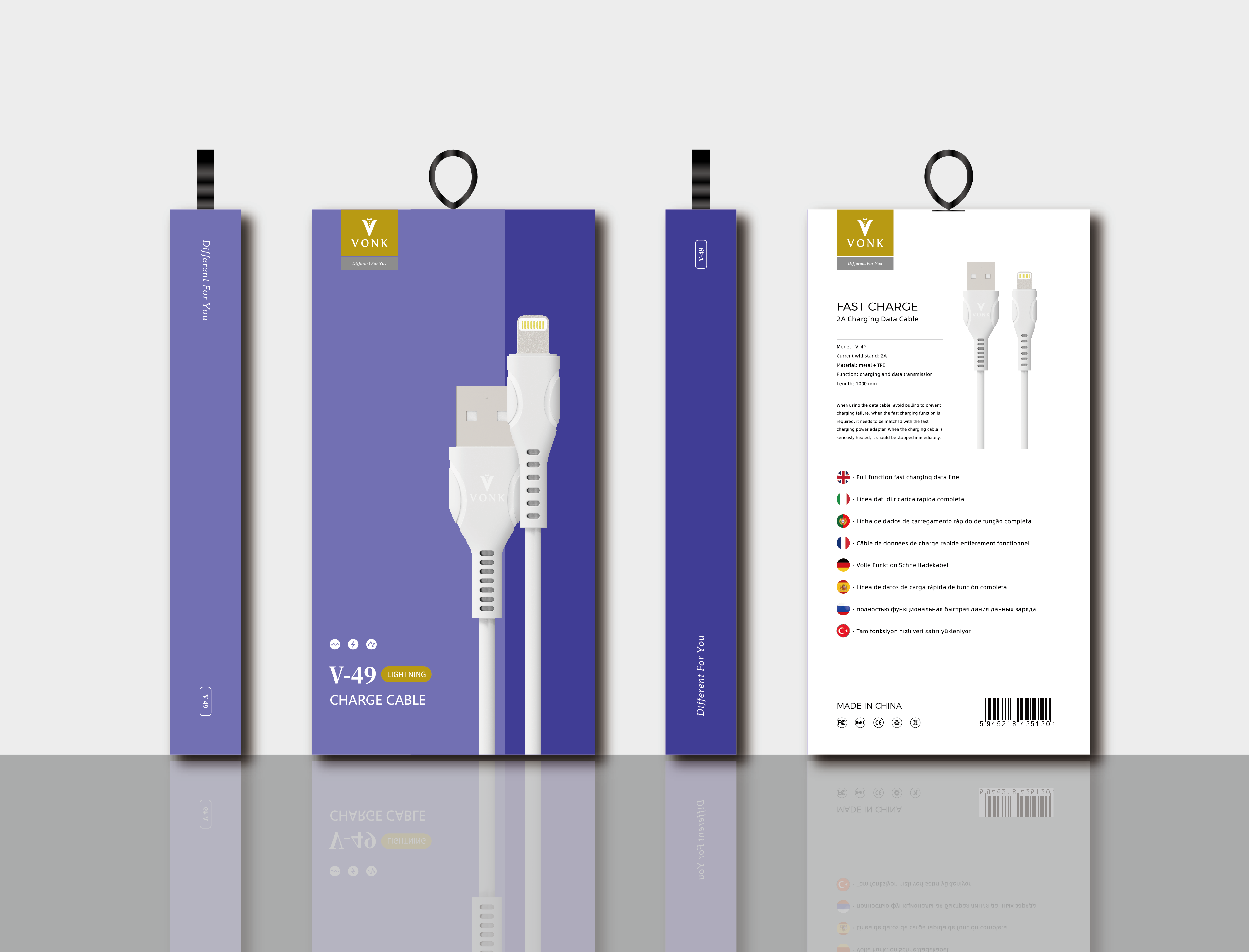 USB to Lightning Charging Cable 1m – 2A Fast Charge, TPE Durable & Flexible - V-49