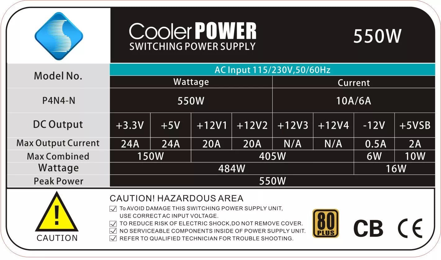 Cooler Power GX550 eXtreme 550W ATX Power Supply - 80 Plus, 6pin & 8pin PCIe-2